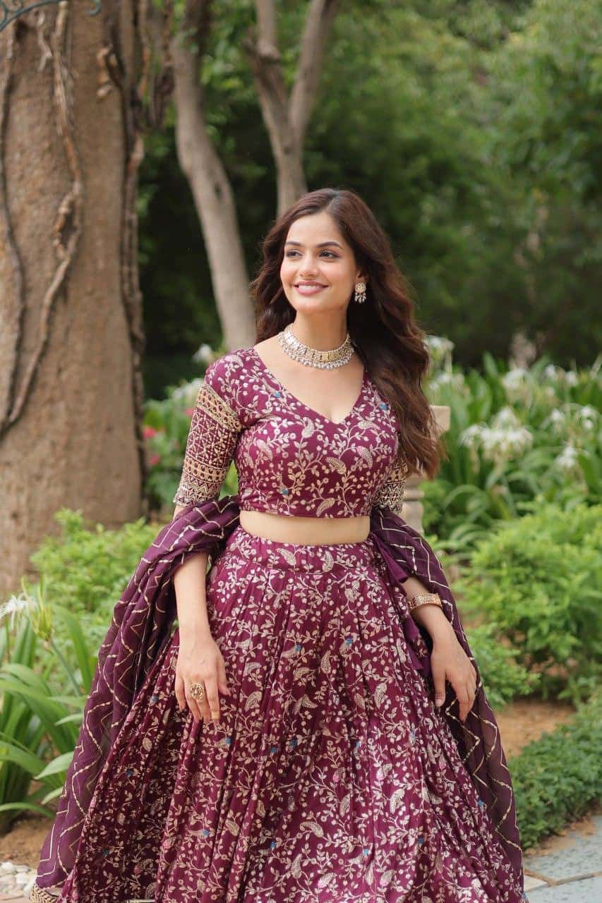 Pure Dyable Viscose Jacquard with Golden Embroidered Sequins Work  Lehenga with Blouse