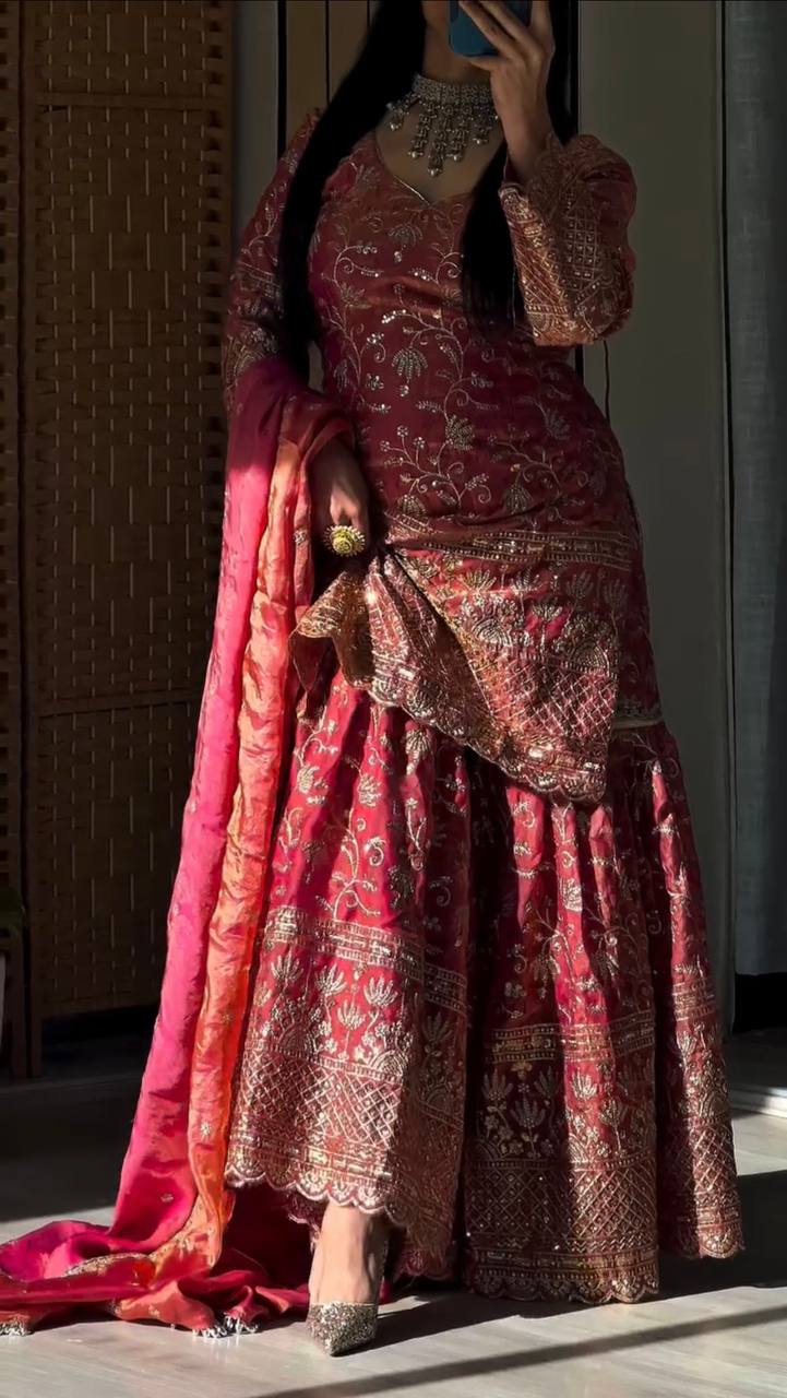 Heavy Fandy Crush Silk kurta with Sharara set