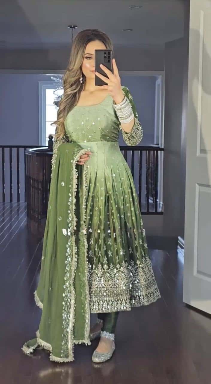 "Luxury Heavy Pur Chinon Silk Anarkali Set with Embroidery and Tassels"