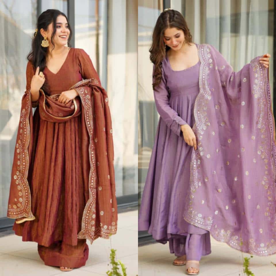 Luxury Heavy Fandy Silk Full Sleeve Gown with Embroidered Dupatta and Flared Bottom