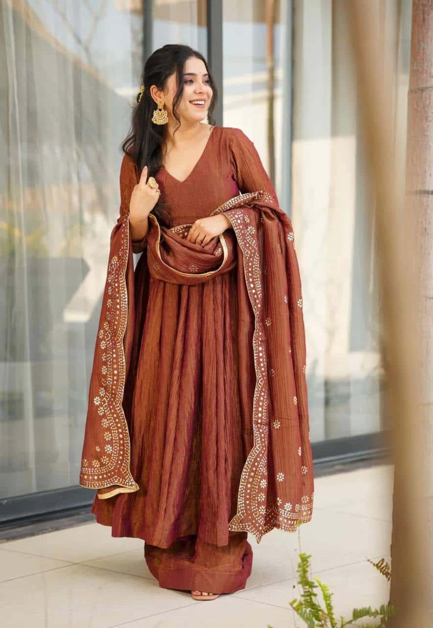 Luxury Heavy Fandy Silk Full Sleeve Gown with Embroidered Dupatta and Flared Bottom