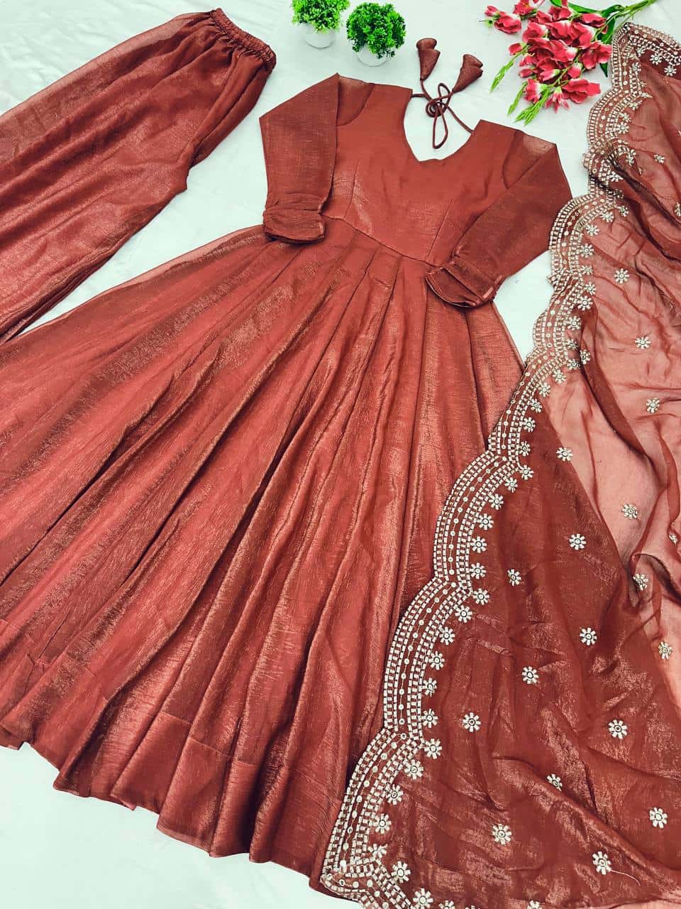 Luxury Heavy Fandy Silk Full Sleeve Gown with Embroidered Dupatta and Flared Bottom