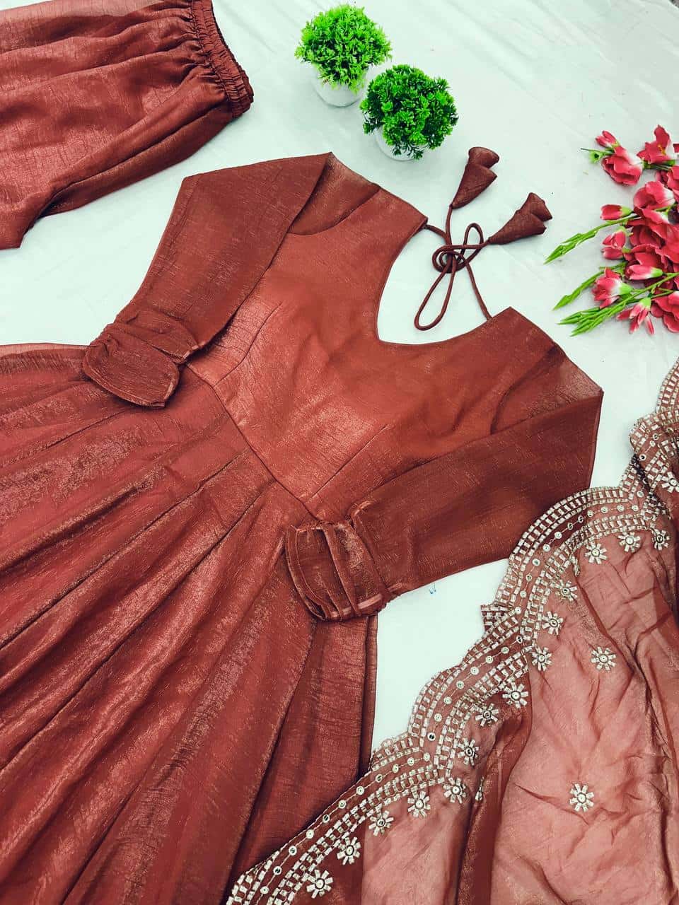 Luxury Heavy Fandy Silk Full Sleeve Gown with Embroidered Dupatta and Flared Bottom