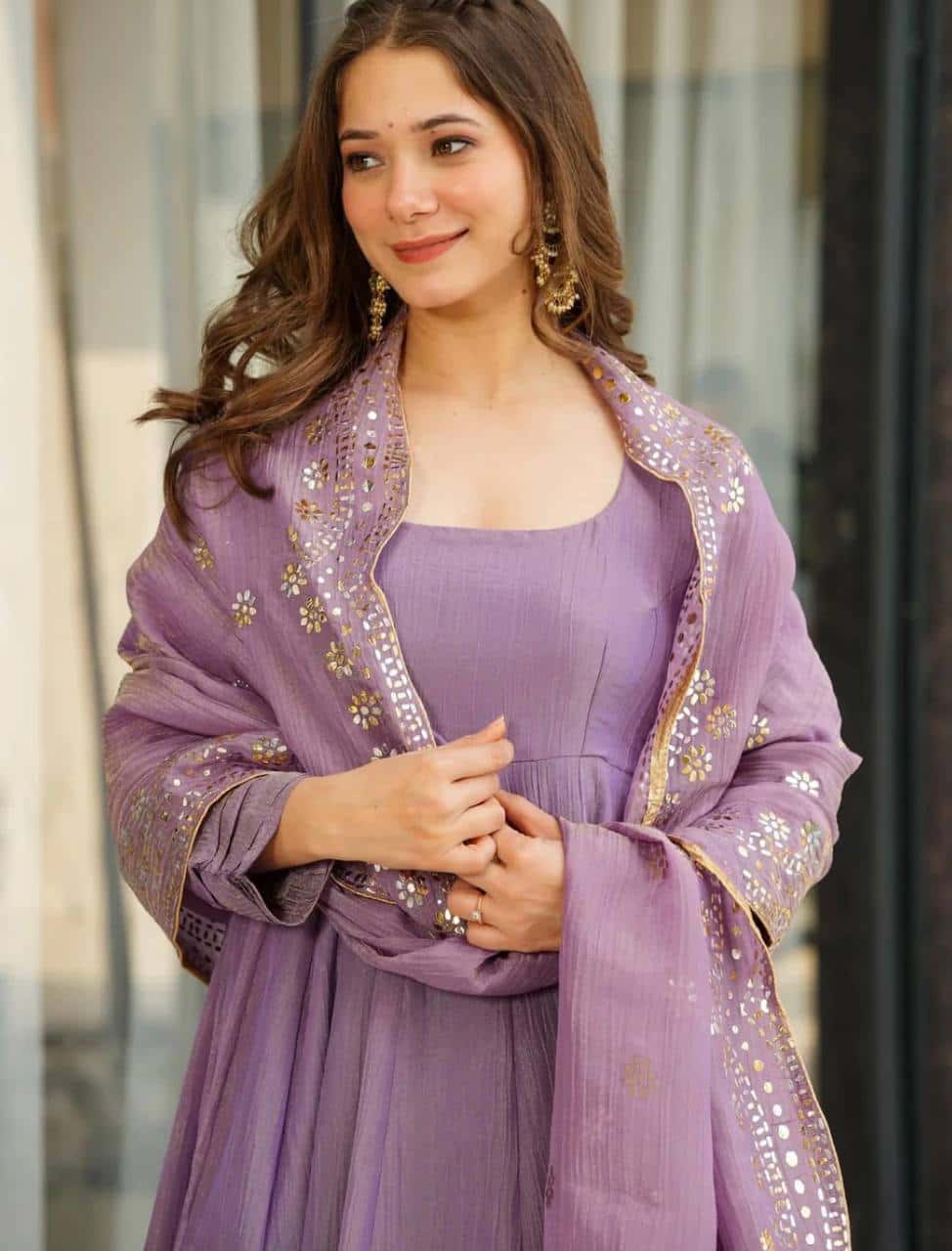 Luxury Heavy Fandy Silk Full Sleeve Gown with Embroidered Dupatta and Flared Bottom