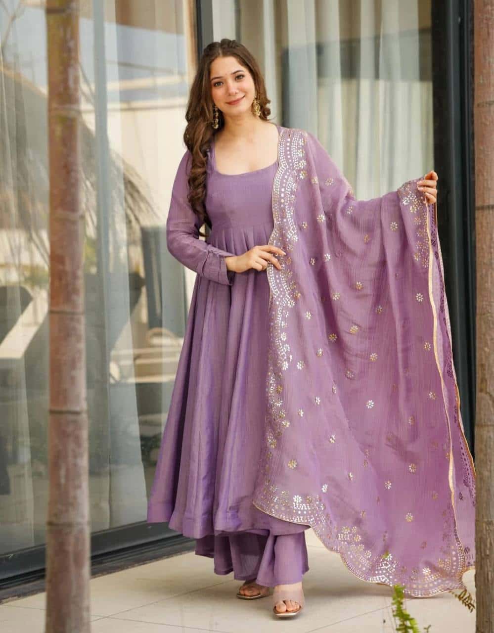 Luxury Heavy Fandy Silk Full Sleeve Gown with Embroidered Dupatta and Flared Bottom