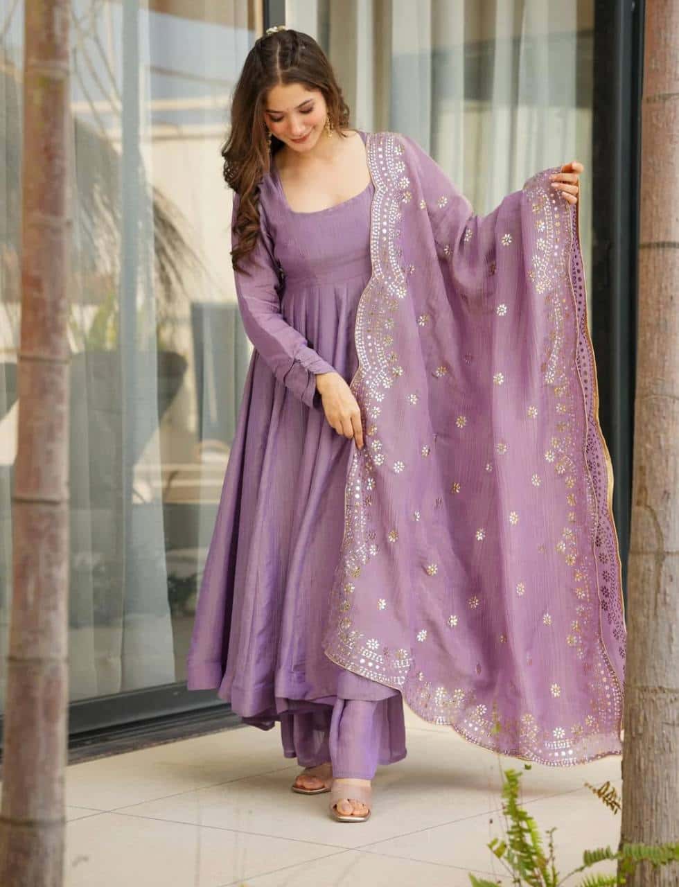 Luxury Heavy Fandy Silk Full Sleeve Gown with Embroidered Dupatta and Flared Bottom