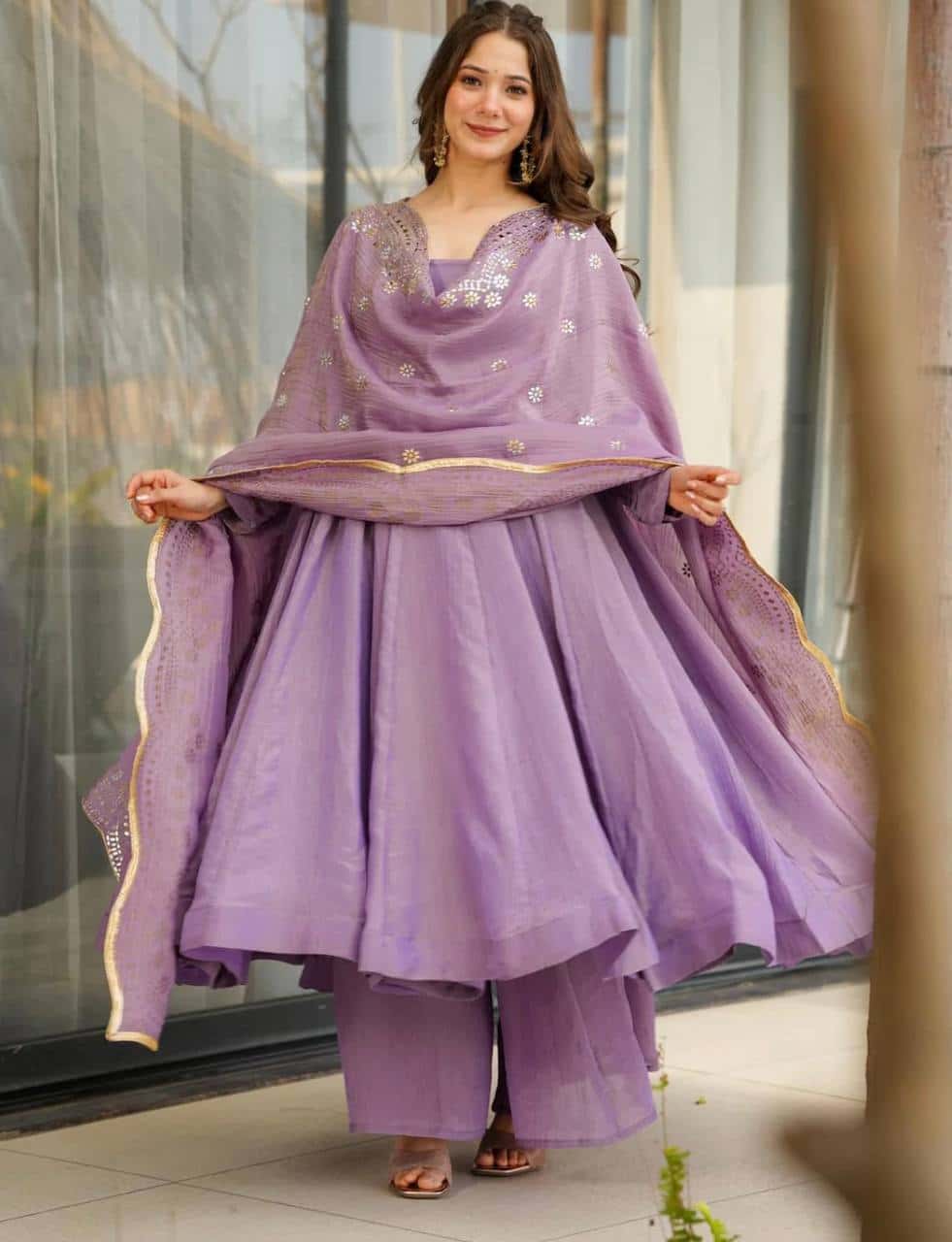 Luxury Heavy Fandy Silk Full Sleeve Gown with Embroidered Dupatta and Flared Bottom