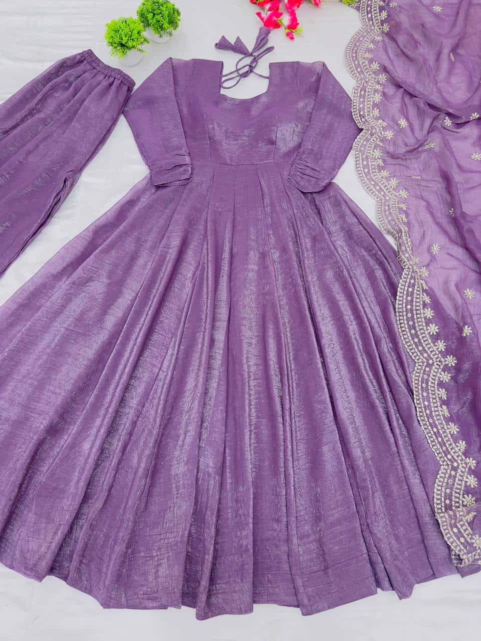 Luxury Heavy Fandy Silk Full Sleeve Gown with Embroidered Dupatta and Flared Bottom