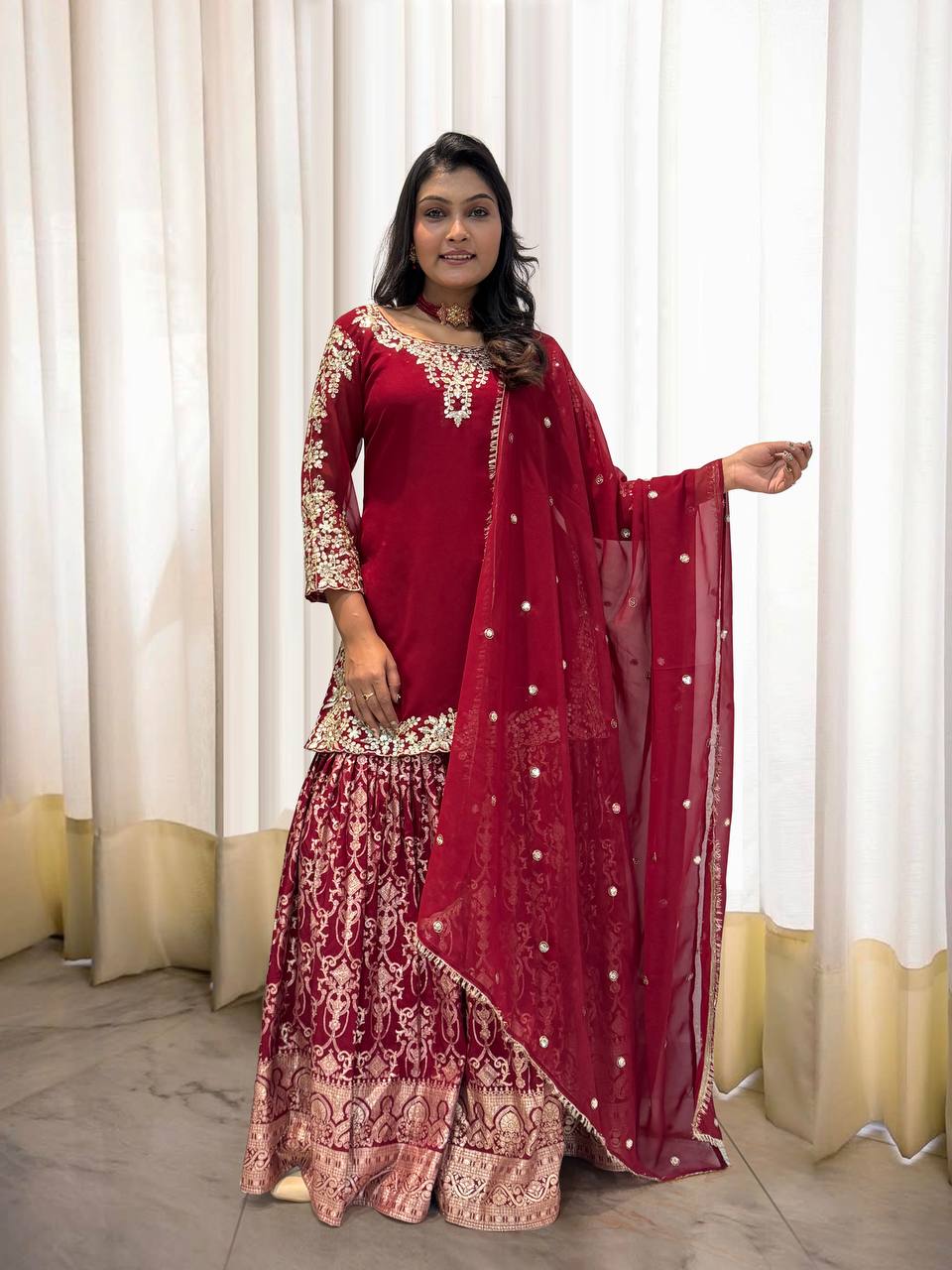 Wedding wear heavy red kurta Jacquard Silk sharara suit sets