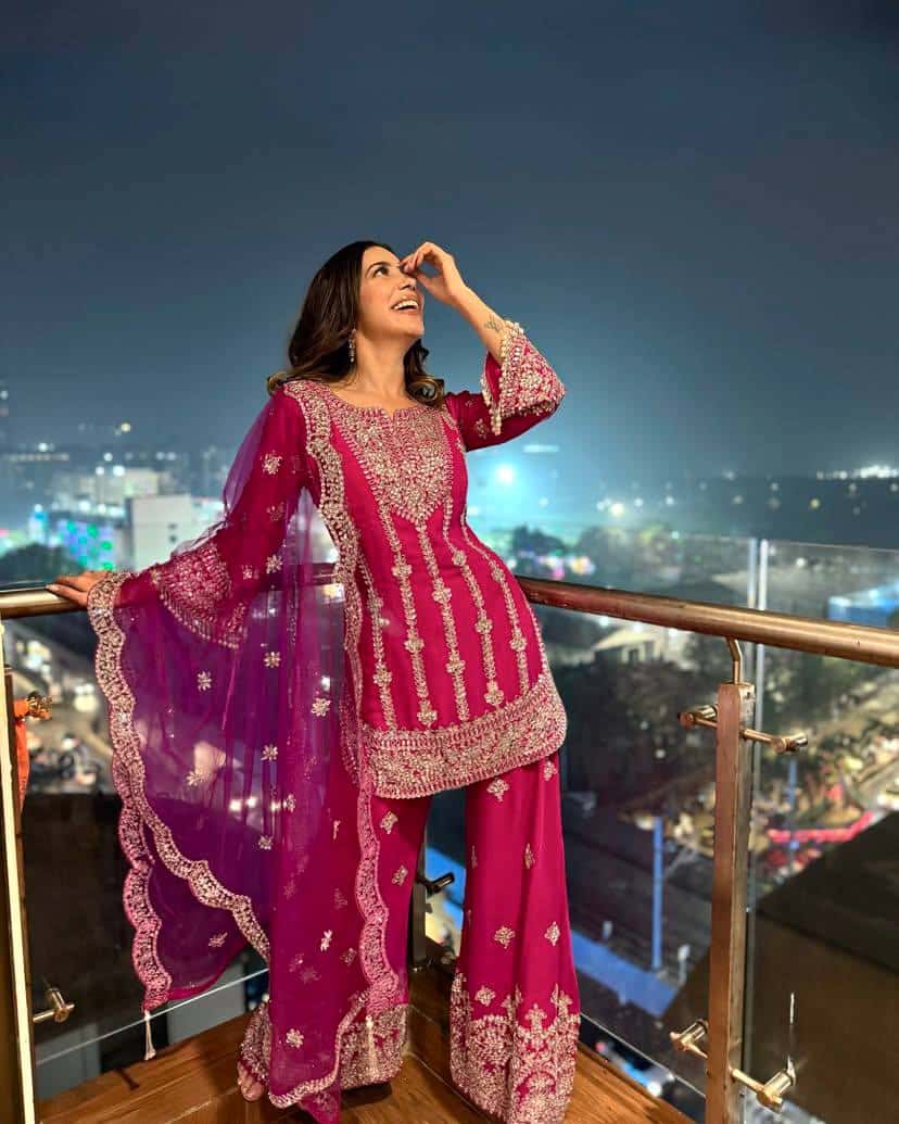 "Chinon Silk Kurti & Plazzo Set with Sequins Embroidery and Organza Dupatta"