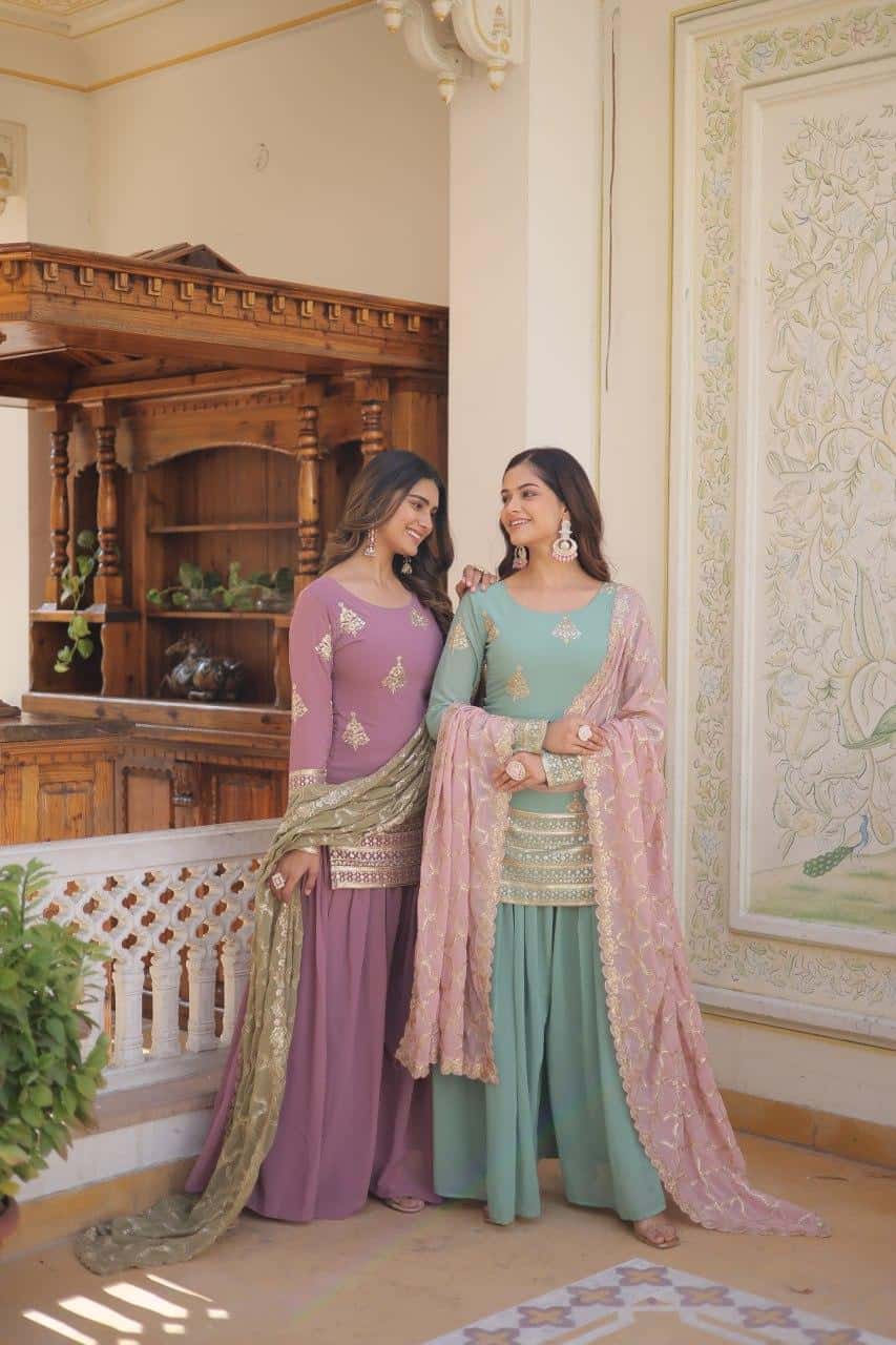 Faux georgette sequins work kurta palazzo with dupatta sets