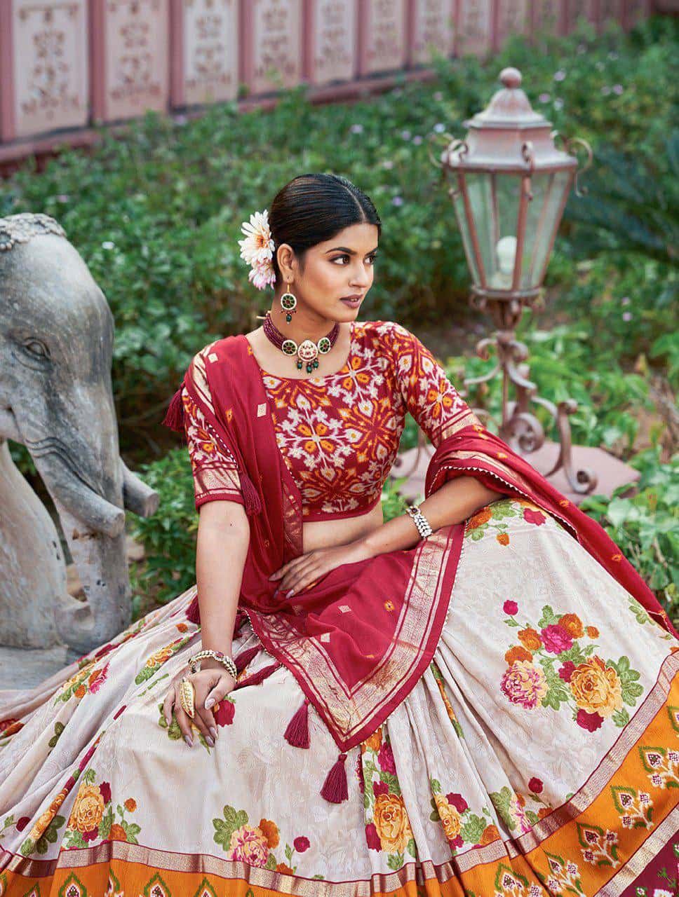 Girls Patola Print Blouse with Lehenga