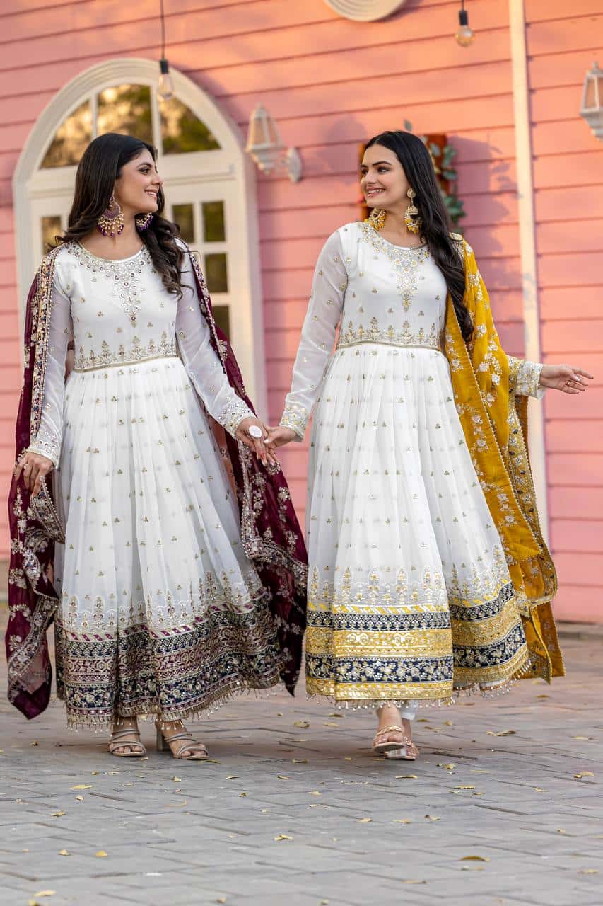 "Luxurious Embroidered Faux Georgette Gown Set with Dupatta & Bottom – Sequins & Tassels Detail "