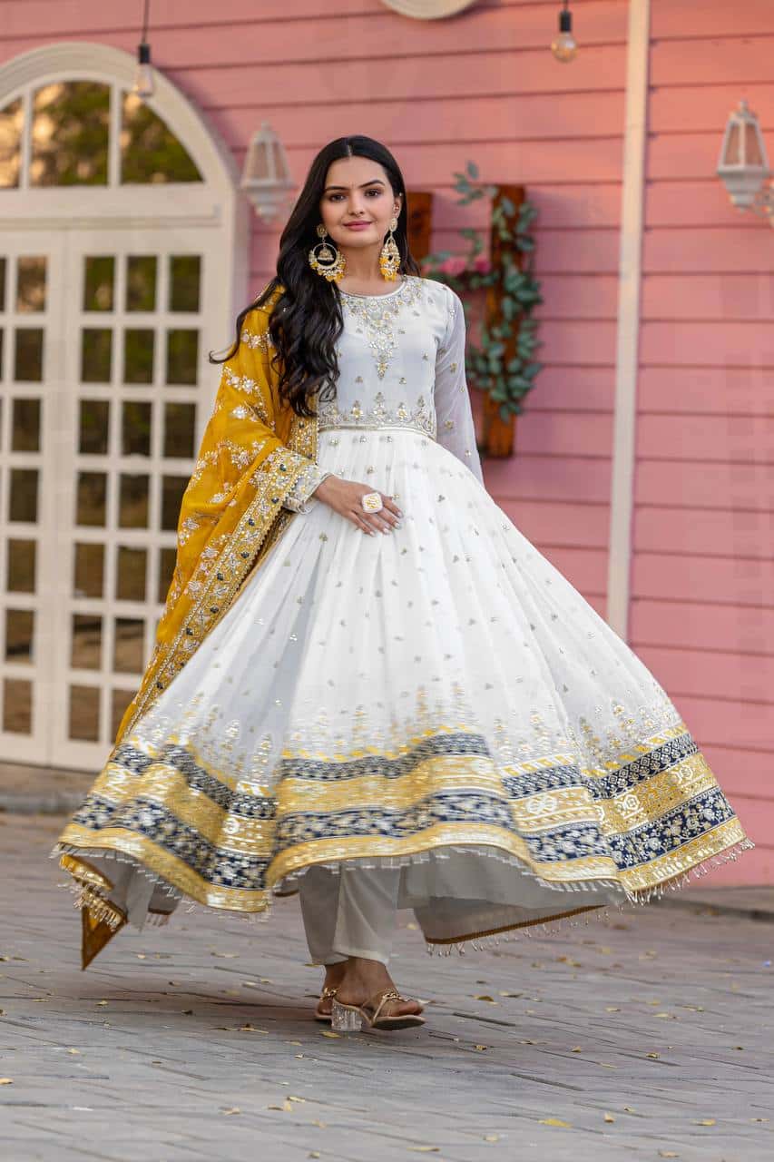 "Luxurious Embroidered Faux Georgette Gown Set with Dupatta & Bottom – Sequins & Tassels Detail "