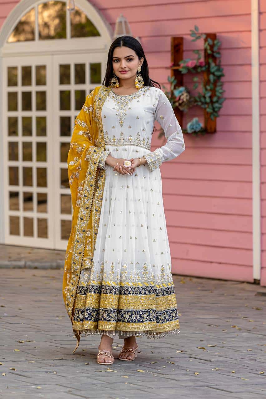 "Luxurious Embroidered Faux Georgette Gown Set with Dupatta & Bottom – Sequins & Tassels Detail "