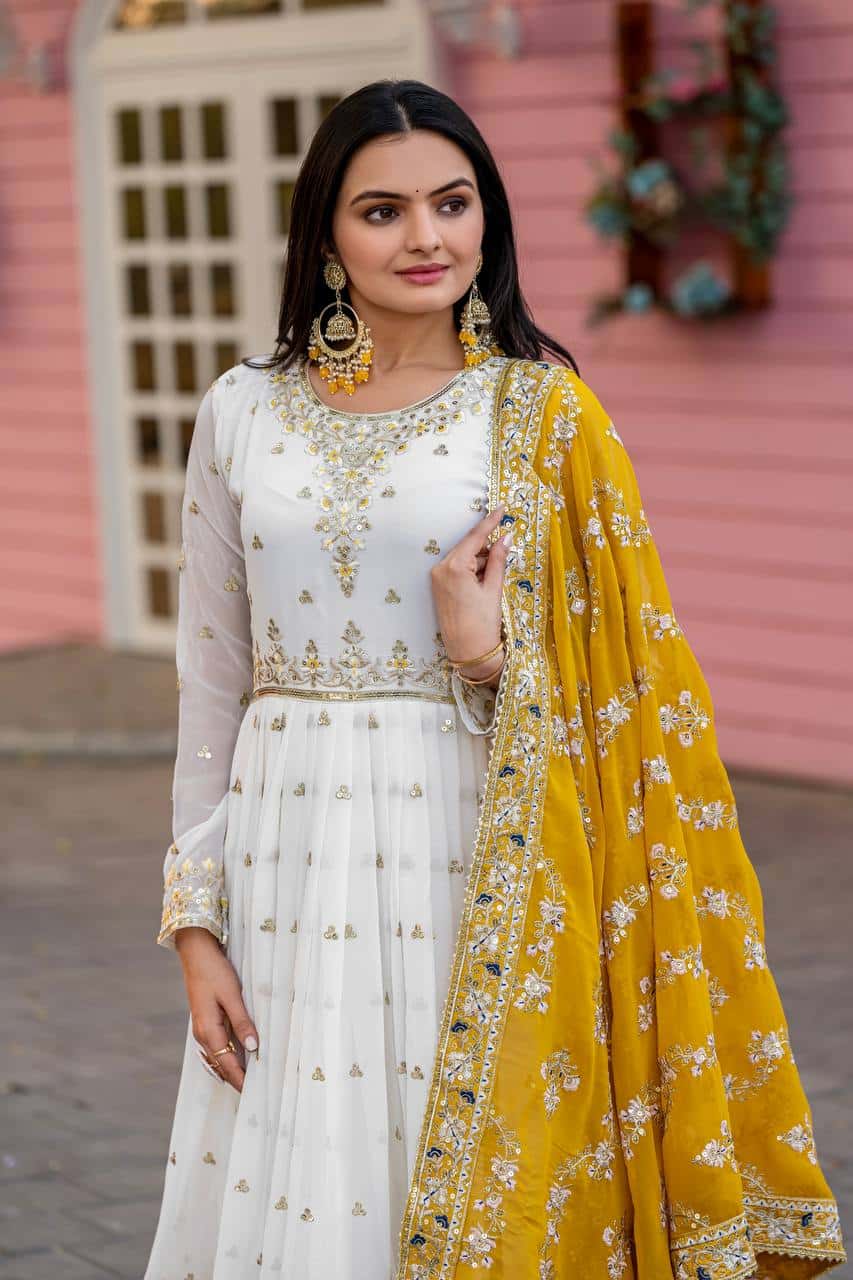 "Luxurious Embroidered Faux Georgette Gown Set with Dupatta & Bottom – Sequins & Tassels Detail "