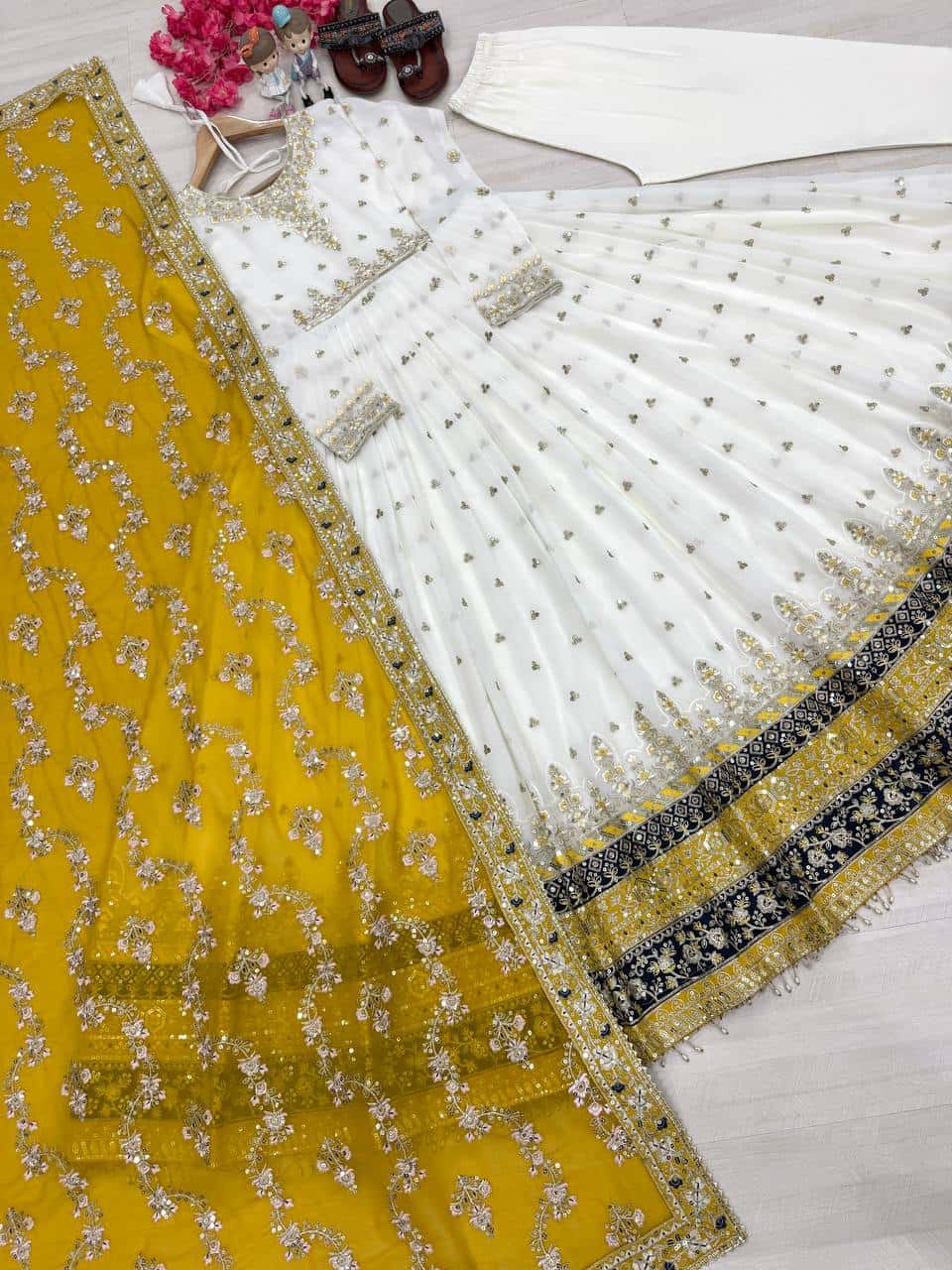 "Luxurious Embroidered Faux Georgette Gown Set with Dupatta & Bottom – Sequins & Tassels Detail "