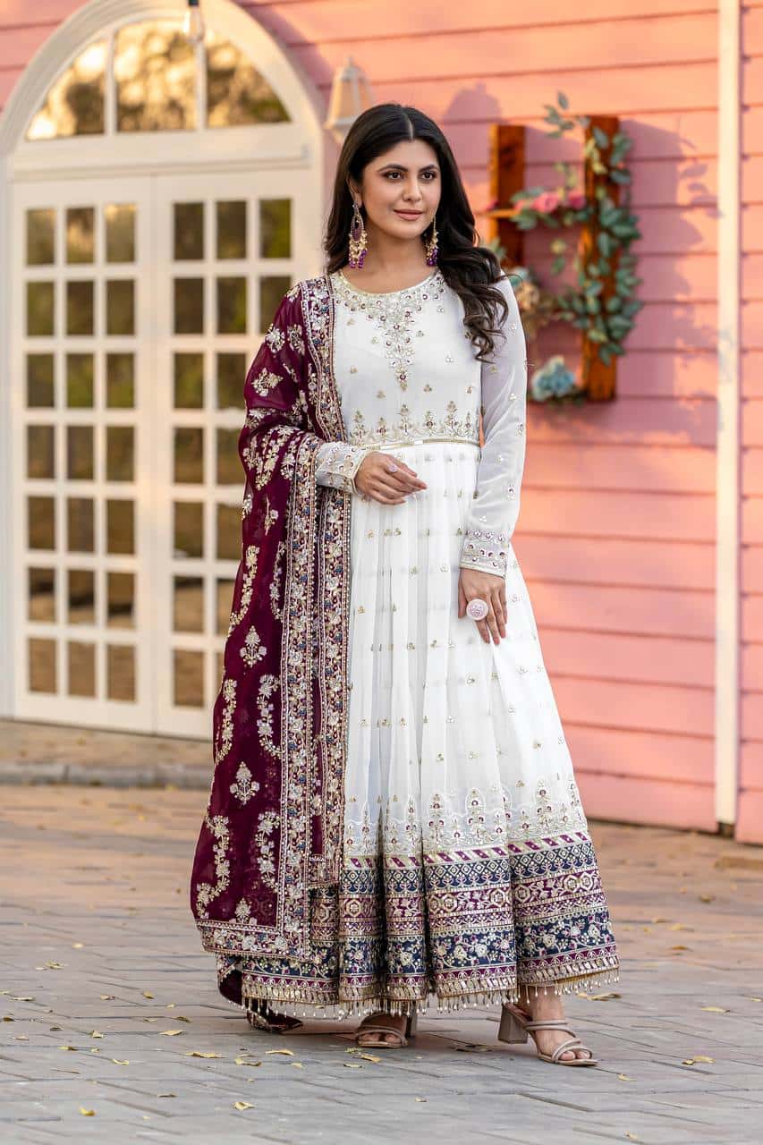 "Luxurious Embroidered Faux Georgette Gown Set with Dupatta & Bottom – Sequins & Tassels Detail "