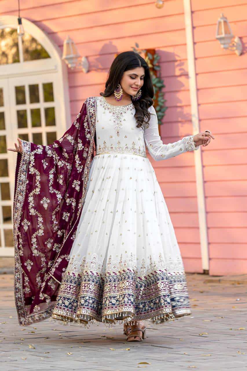 "Luxurious Embroidered Faux Georgette Gown Set with Dupatta & Bottom – Sequins & Tassels Detail "