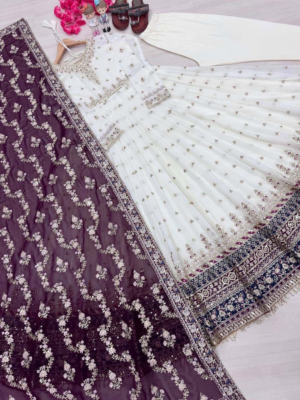 "Luxurious Embroidered Faux Georgette Gown Set with Dupatta & Bottom – Sequins & Tassels Detail "