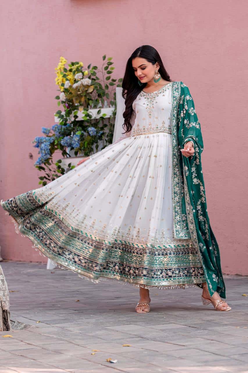 "Luxurious Embroidered Faux Georgette Gown Set with Dupatta & Bottom – Sequins & Tassels Detail "