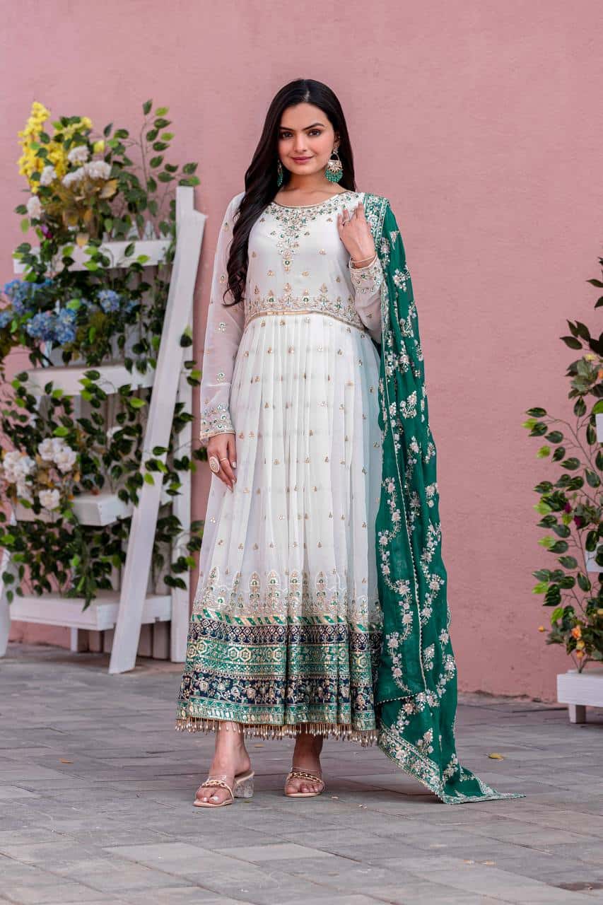 "Luxurious Embroidered Faux Georgette Gown Set with Dupatta & Bottom – Sequins & Tassels Detail "