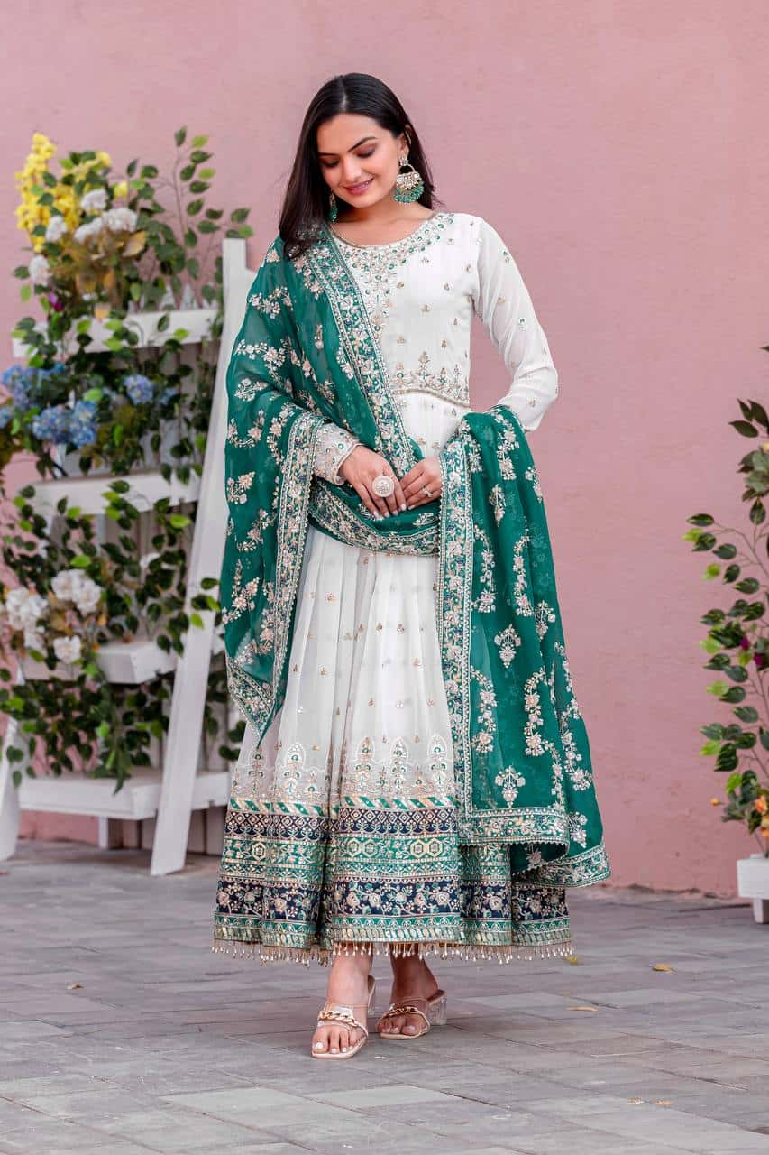 "Luxurious Embroidered Faux Georgette Gown Set with Dupatta & Bottom – Sequins & Tassels Detail "