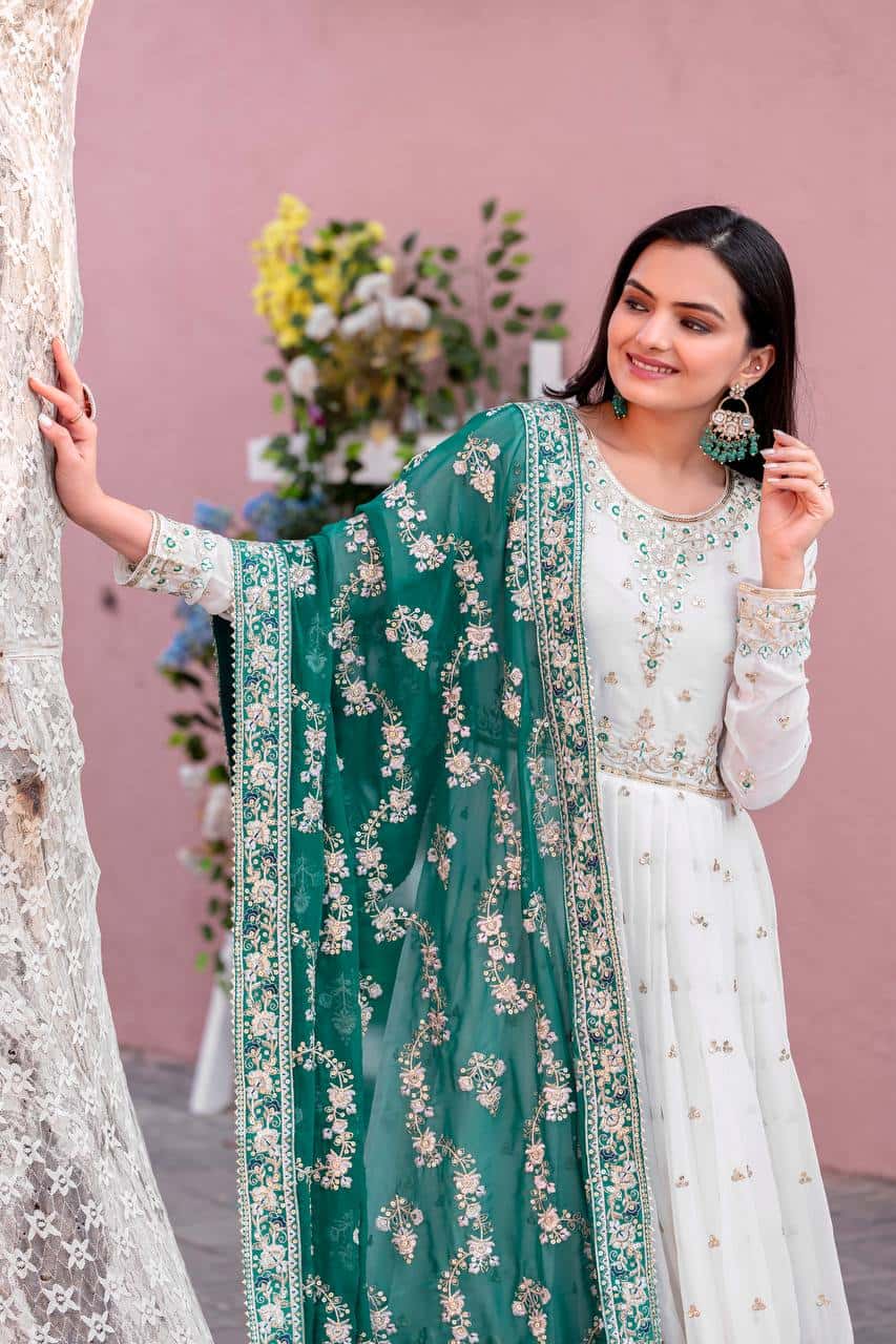 "Luxurious Embroidered Faux Georgette Gown Set with Dupatta & Bottom – Sequins & Tassels Detail "