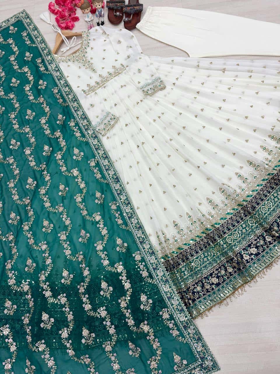 "Luxurious Embroidered Faux Georgette Gown Set with Dupatta & Bottom – Sequins & Tassels Detail "