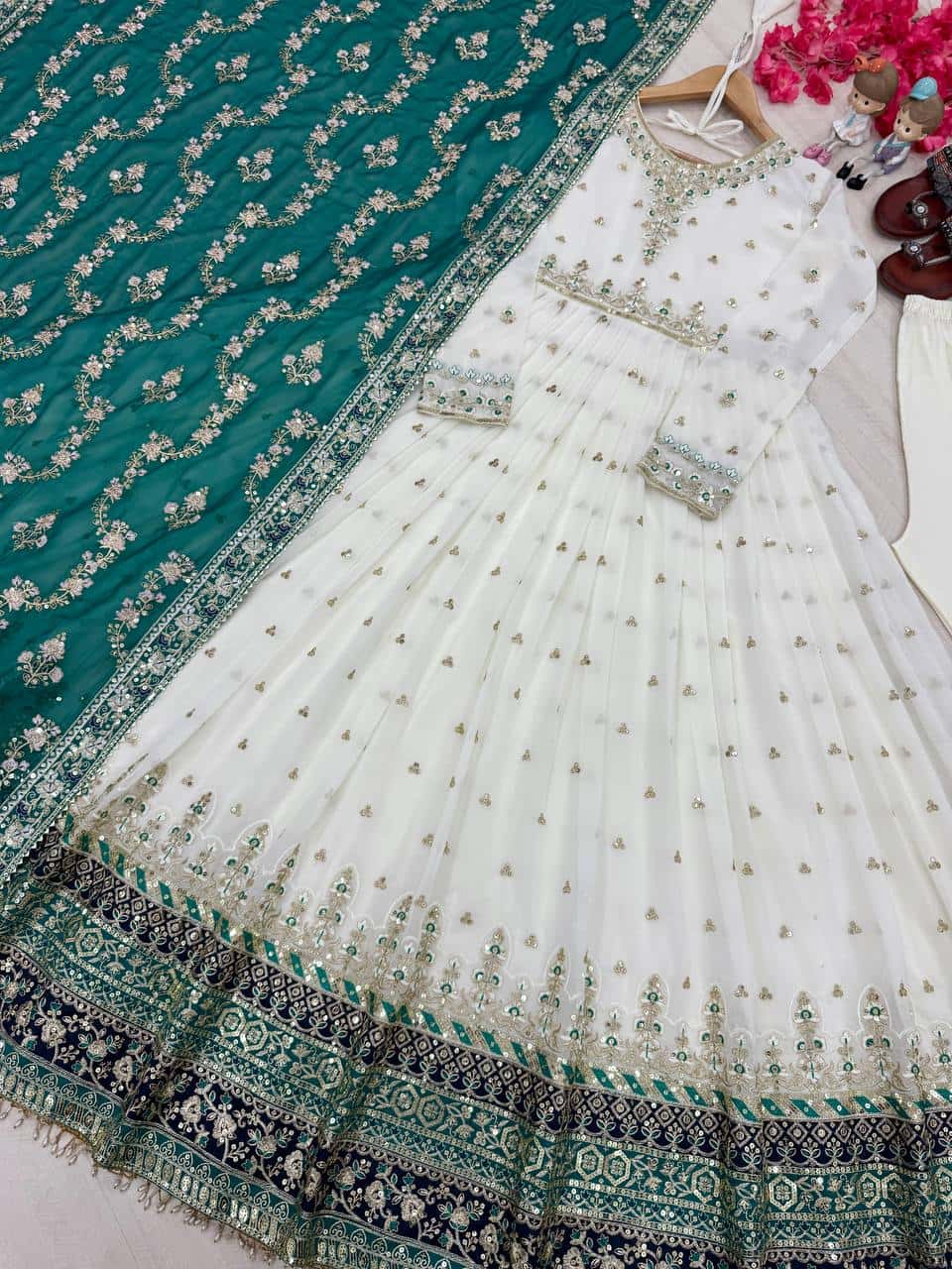 "Luxurious Embroidered Faux Georgette Gown Set with Dupatta & Bottom – Sequins & Tassels Detail "
