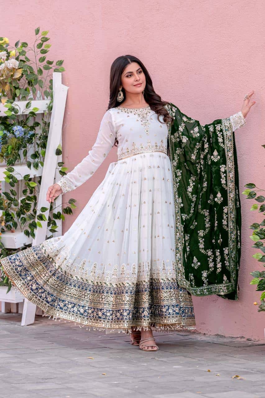 "Luxurious Embroidered Faux Georgette Gown Set with Dupatta & Bottom – Sequins & Tassels Detail "