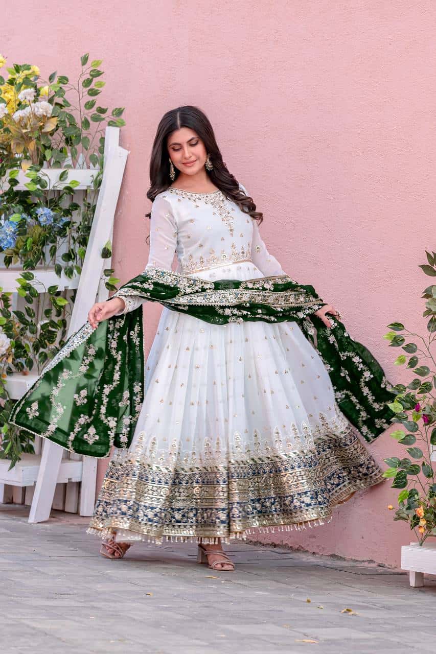 "Luxurious Embroidered Faux Georgette Gown Set with Dupatta & Bottom – Sequins & Tassels Detail "