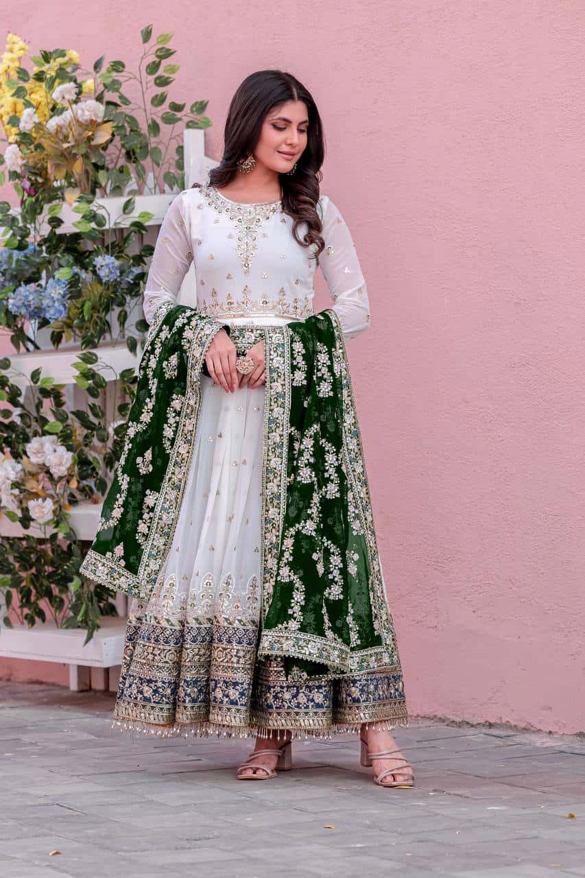 "Luxurious Embroidered Faux Georgette Gown Set with Dupatta & Bottom – Sequins & Tassels Detail "