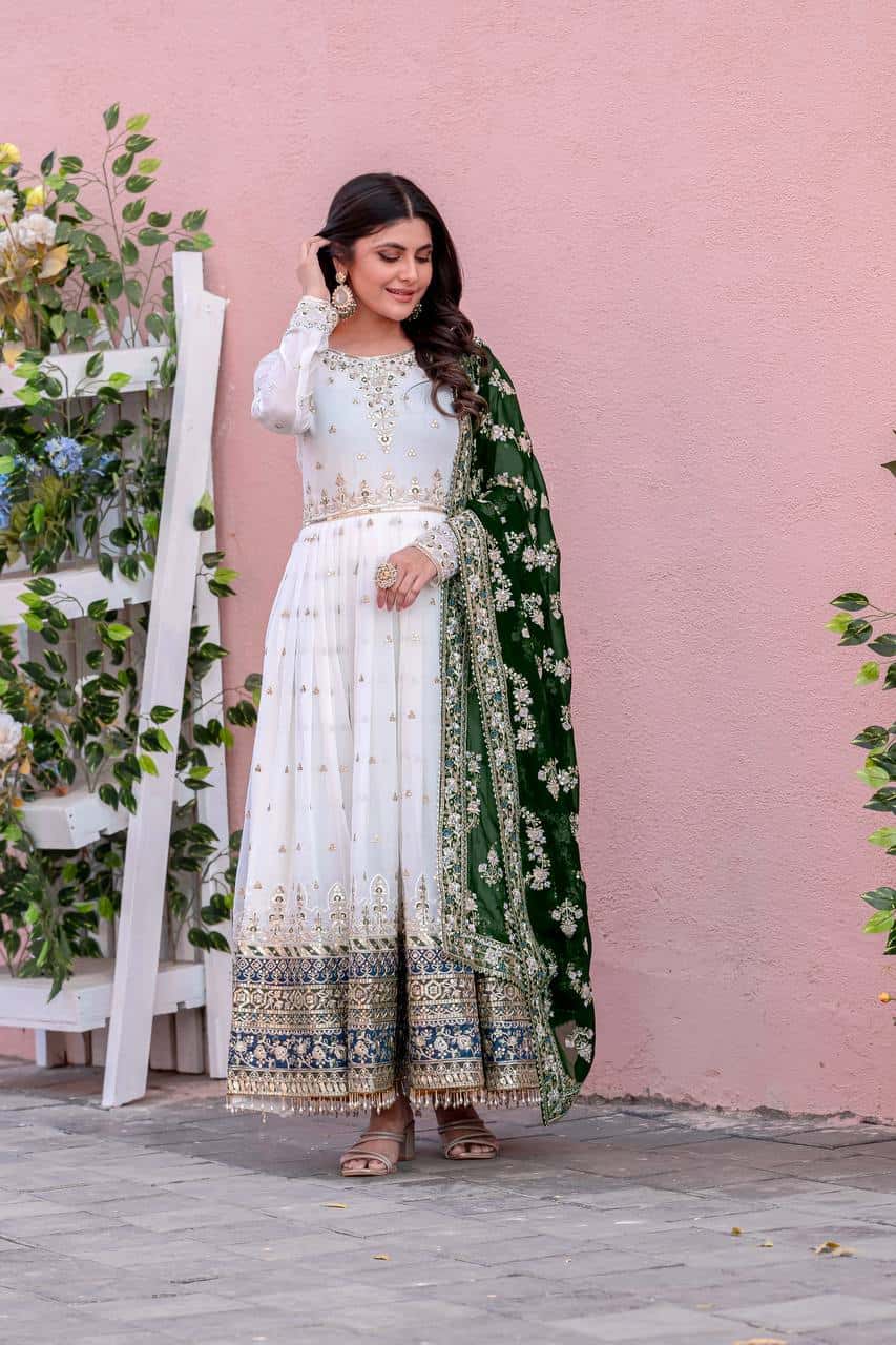 "Luxurious Embroidered Faux Georgette Gown Set with Dupatta & Bottom – Sequins & Tassels Detail "