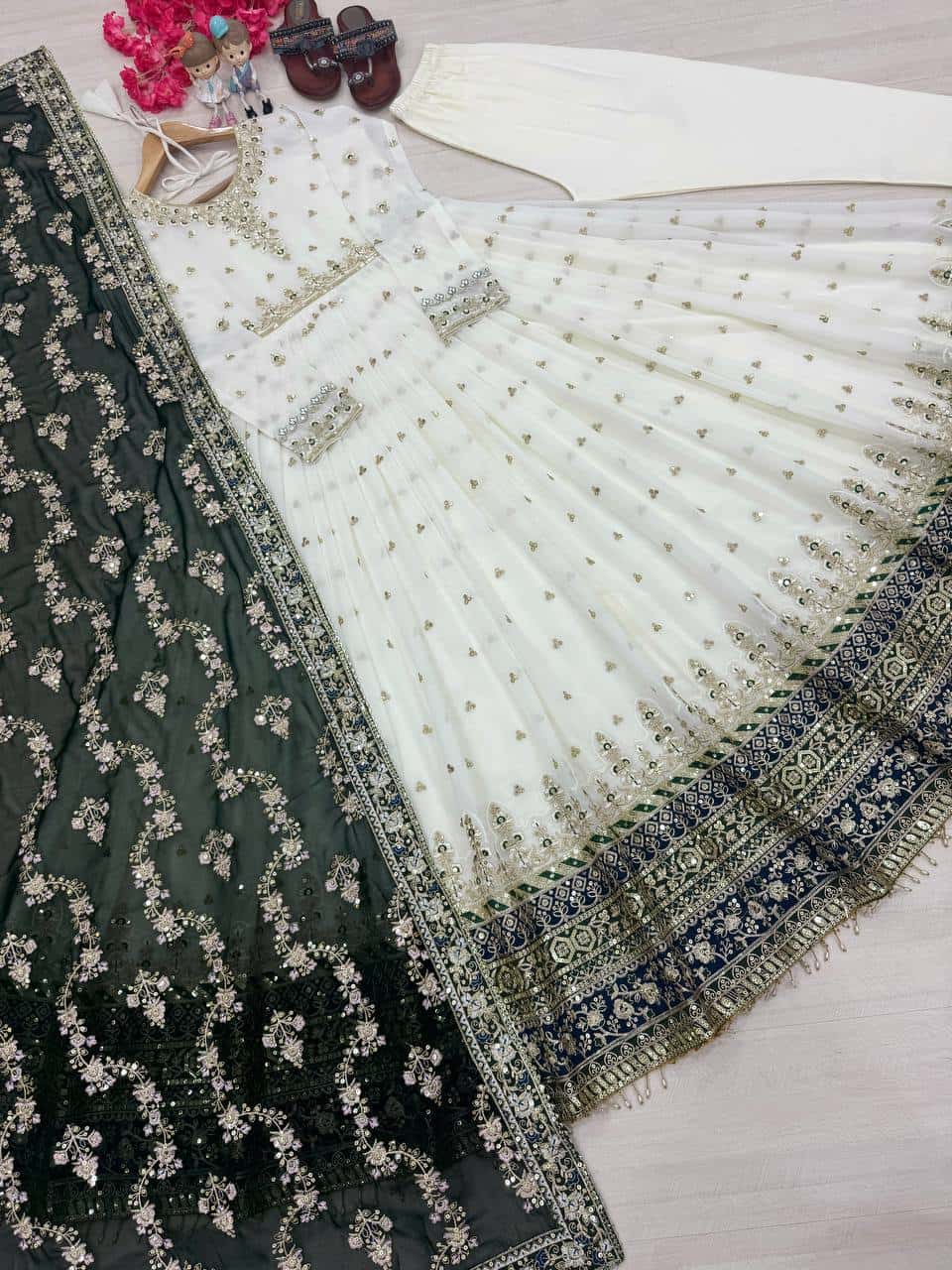 "Luxurious Embroidered Faux Georgette Gown Set with Dupatta & Bottom – Sequins & Tassels Detail "