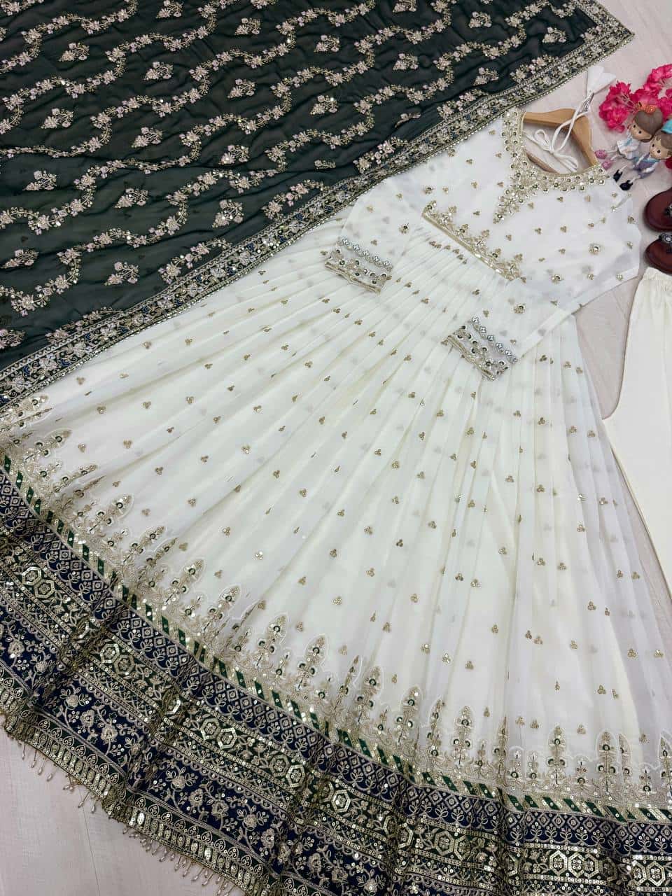 "Luxurious Embroidered Faux Georgette Gown Set with Dupatta & Bottom – Sequins & Tassels Detail "