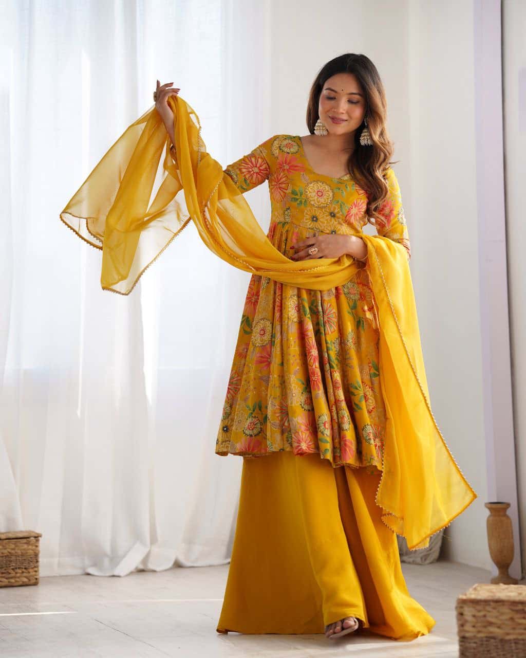 "Elegant Kediya Kurta Set with Pure Romansilk Chanderi Fabric, Fancy Lace Work Dupatta, and Fully Stitched Palazzo"