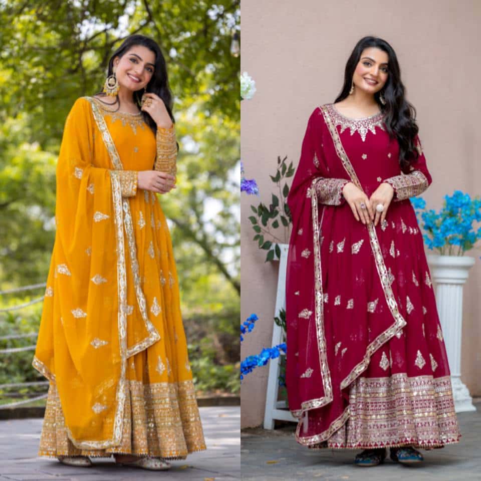 "Luxurious Embroidered Faux Georgette Gown with Sequence Work & Flowing Dupatta"