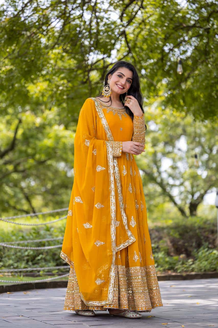 "Luxurious Embroidered Faux Georgette Gown with Sequence Work & Flowing Dupatta"