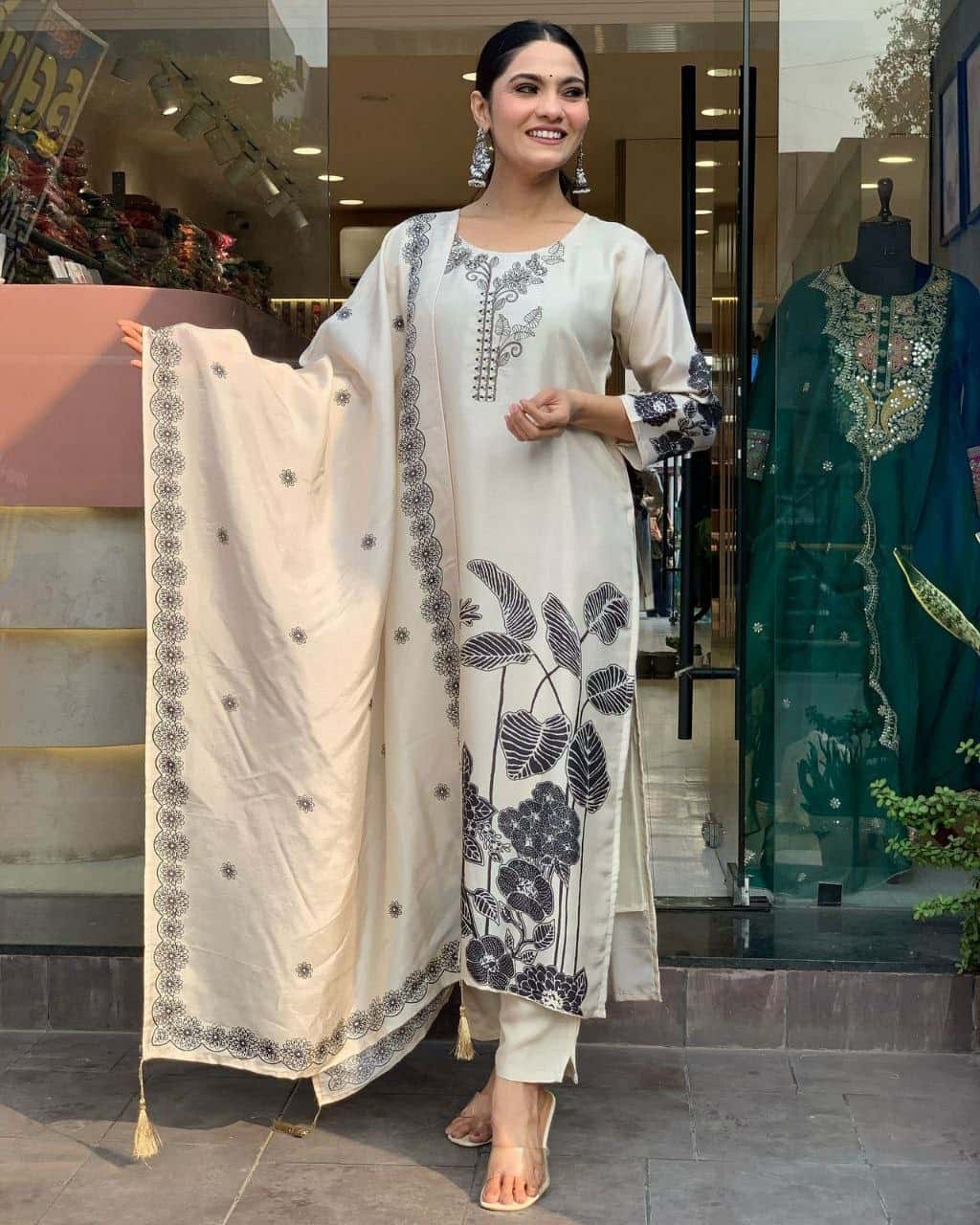 Elegant Chinnon Silk Top with Embroidery & Dupatta