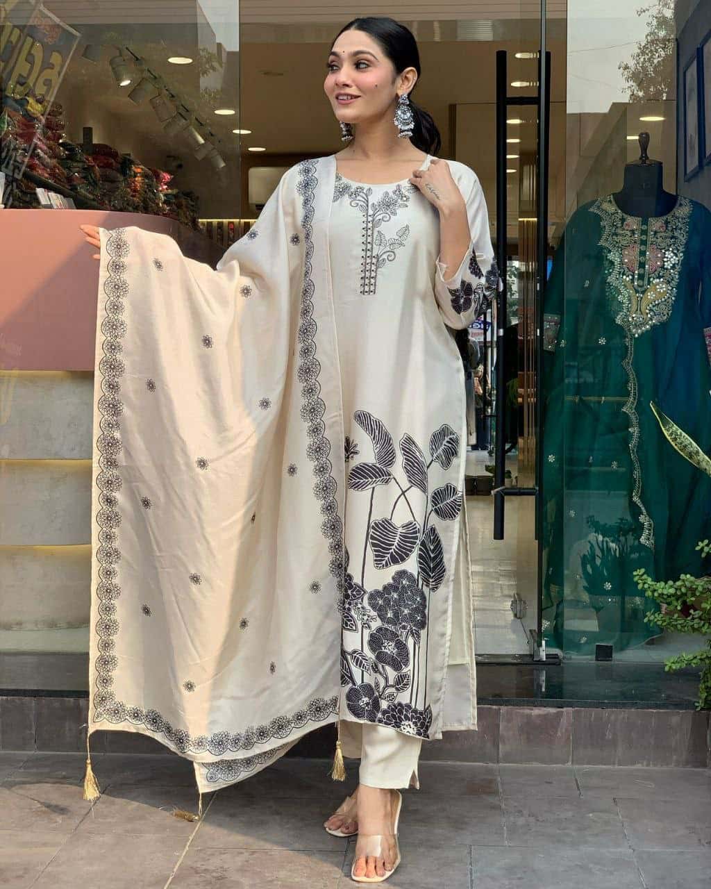 Elegant Chinnon Silk Top with Embroidery & Dupatta