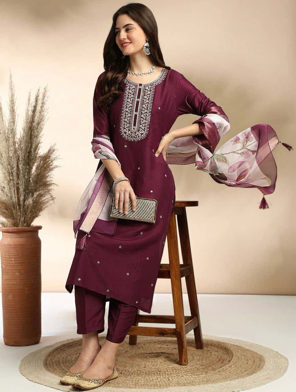 "Elegant Heavy Roman Embroidered Suit with Digital Print Duppatta – Available in 4 Colors"