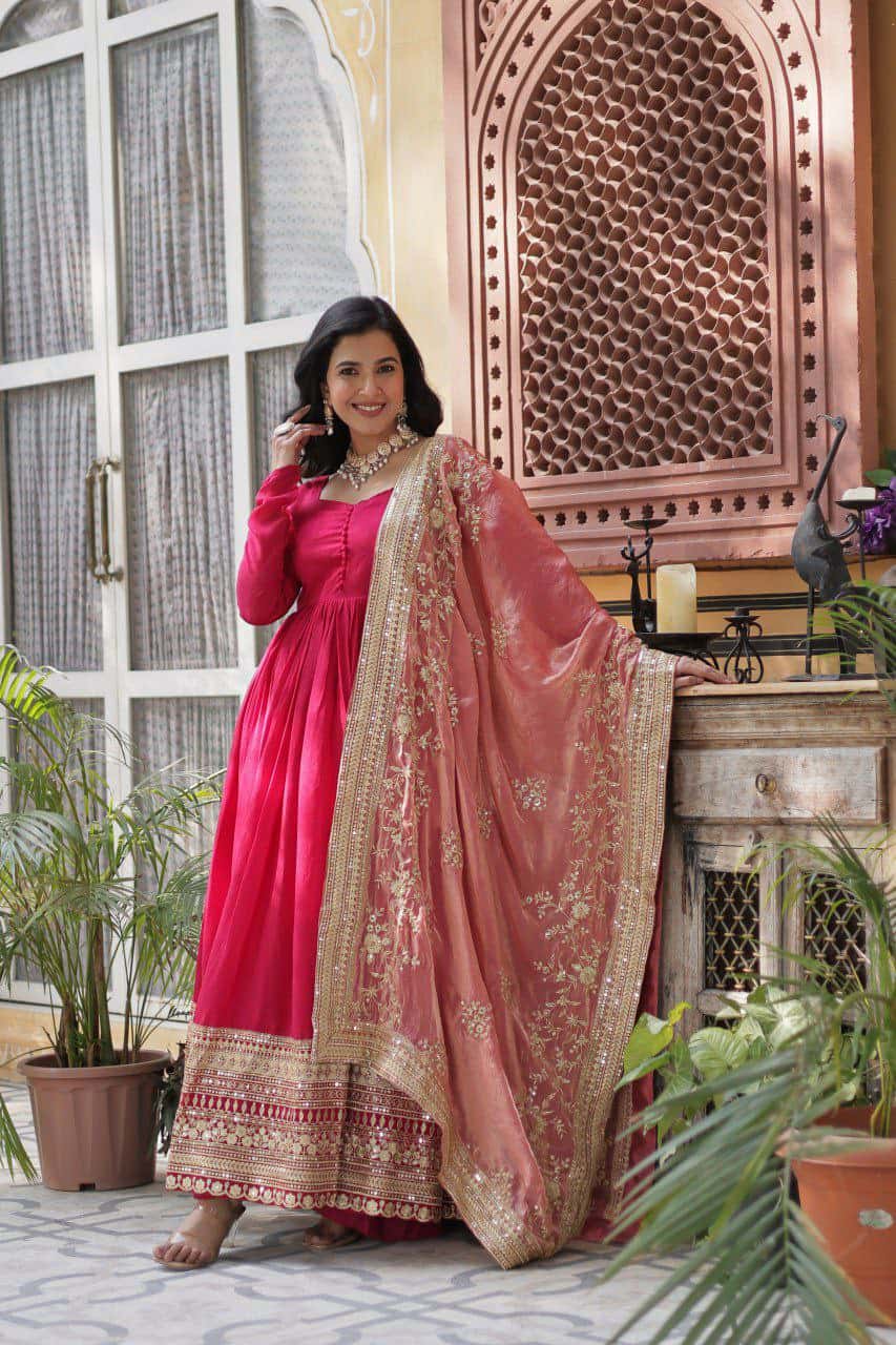 "Elegant Shimmer Vichitra Gown with Sequins Embroidery & Designer Dupatta"