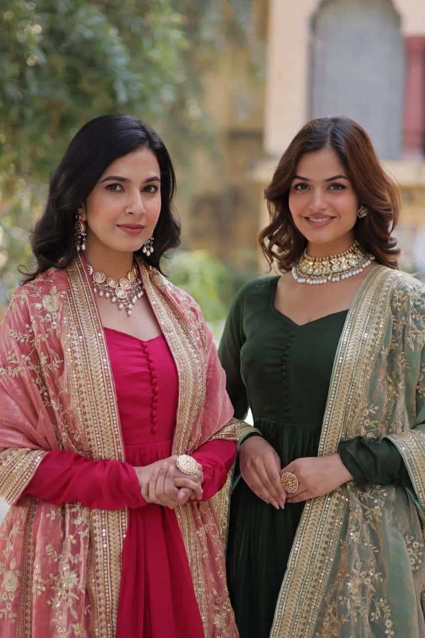 "Elegant Shimmer Vichitra Gown with Sequins Embroidery & Designer Dupatta"