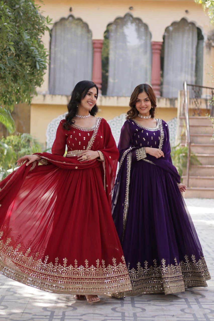 “Elegance Redefined: Faux Blooming Embroidered Gown with Sequins and Designer Dupatta”