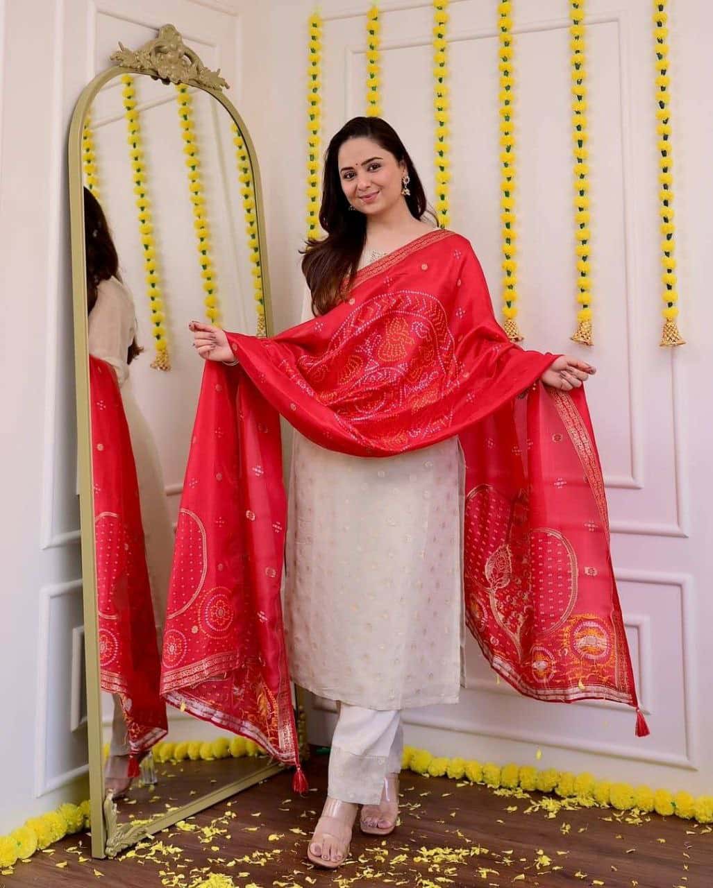 "Premium Pure Jacquard Soft Weaving Set with Embroidered Neck & Dupatta"