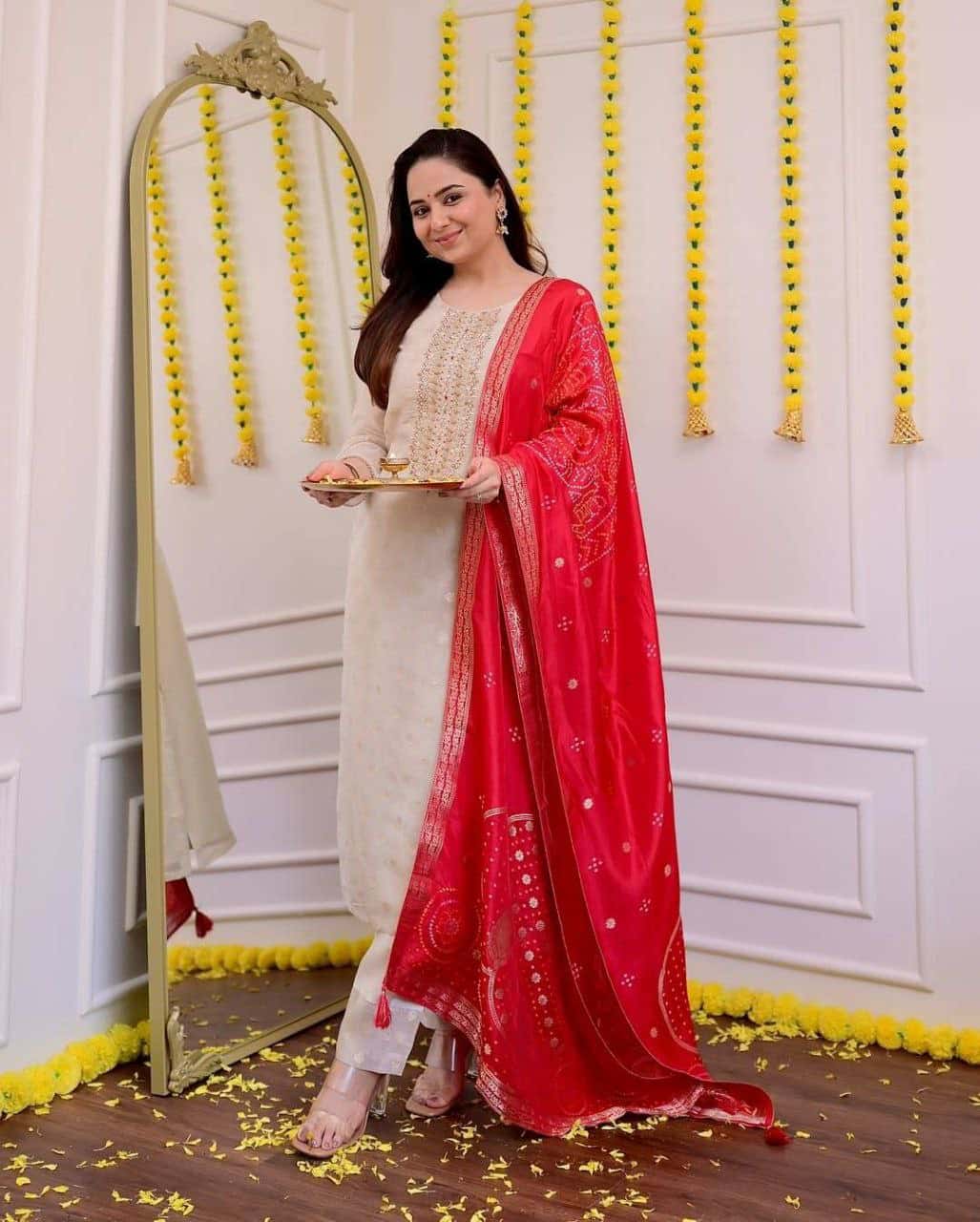 "Premium Pure Jacquard Soft Weaving Set with Embroidered Neck & Dupatta"