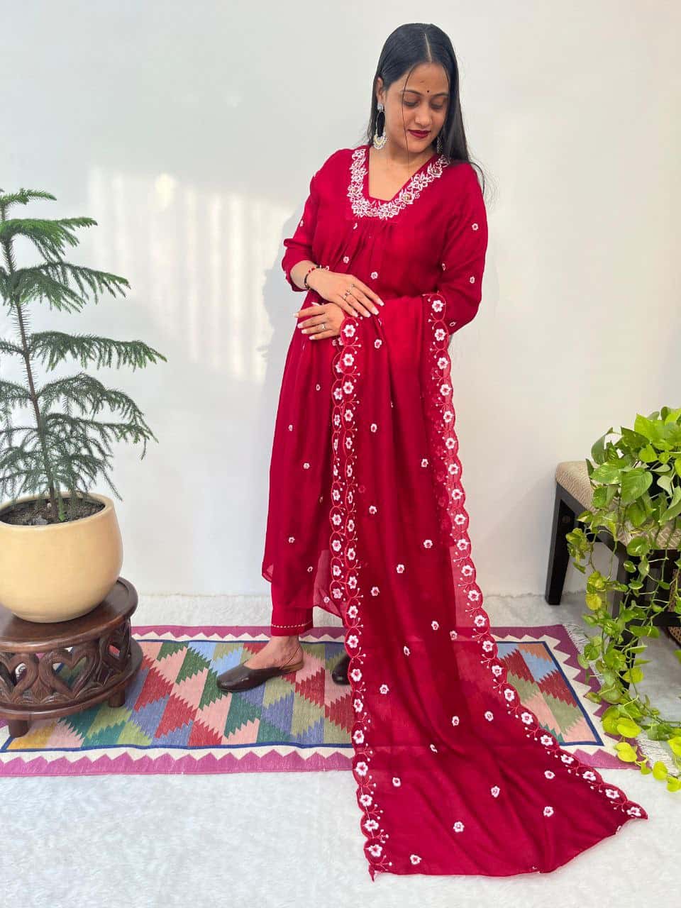 Elegant Vichitra Silk Handwork Gown Set with Embroidered Dupatta