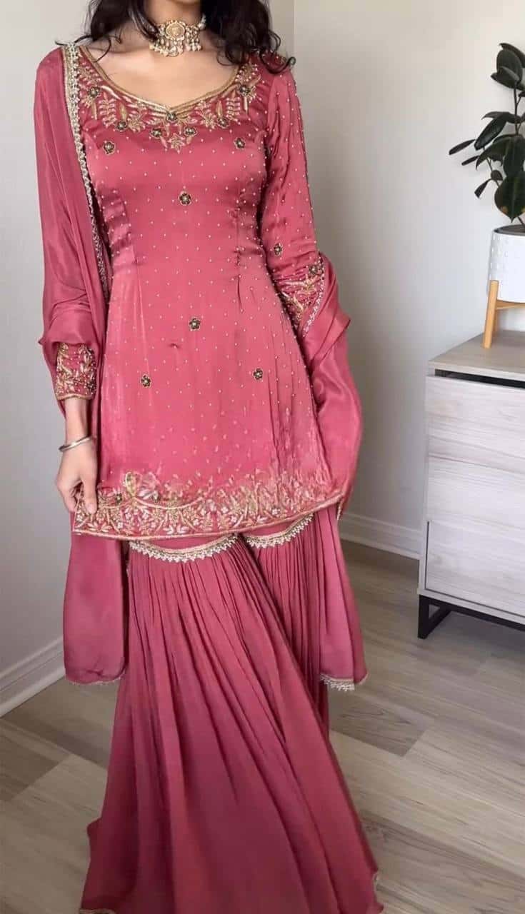 "Opulent Gold Crush Embroidered Top & Plazzo Set with Beads and Lace Dupatta"