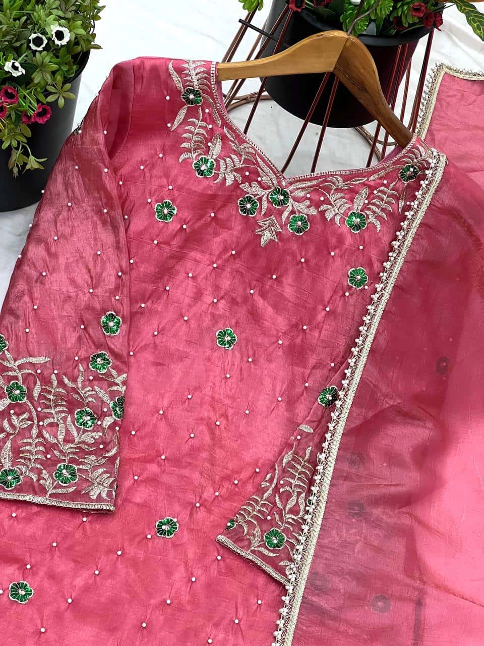 "Opulent Gold Crush Embroidered Top & Plazzo Set with Beads and Lace Dupatta"